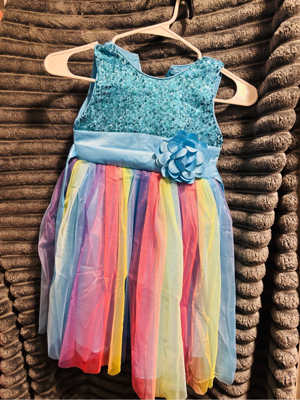 Sparkly Blue Sequin Top Rainbow Tulle Dress with Flower girls size 4